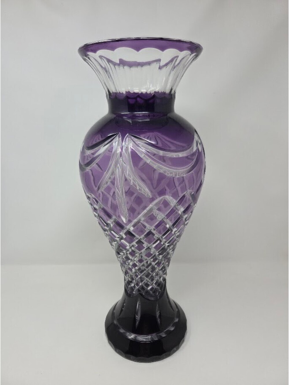 Vintage 16" Prince Edward Amethyst Cut to Clear Bohemian Vase Flared Rim RARE